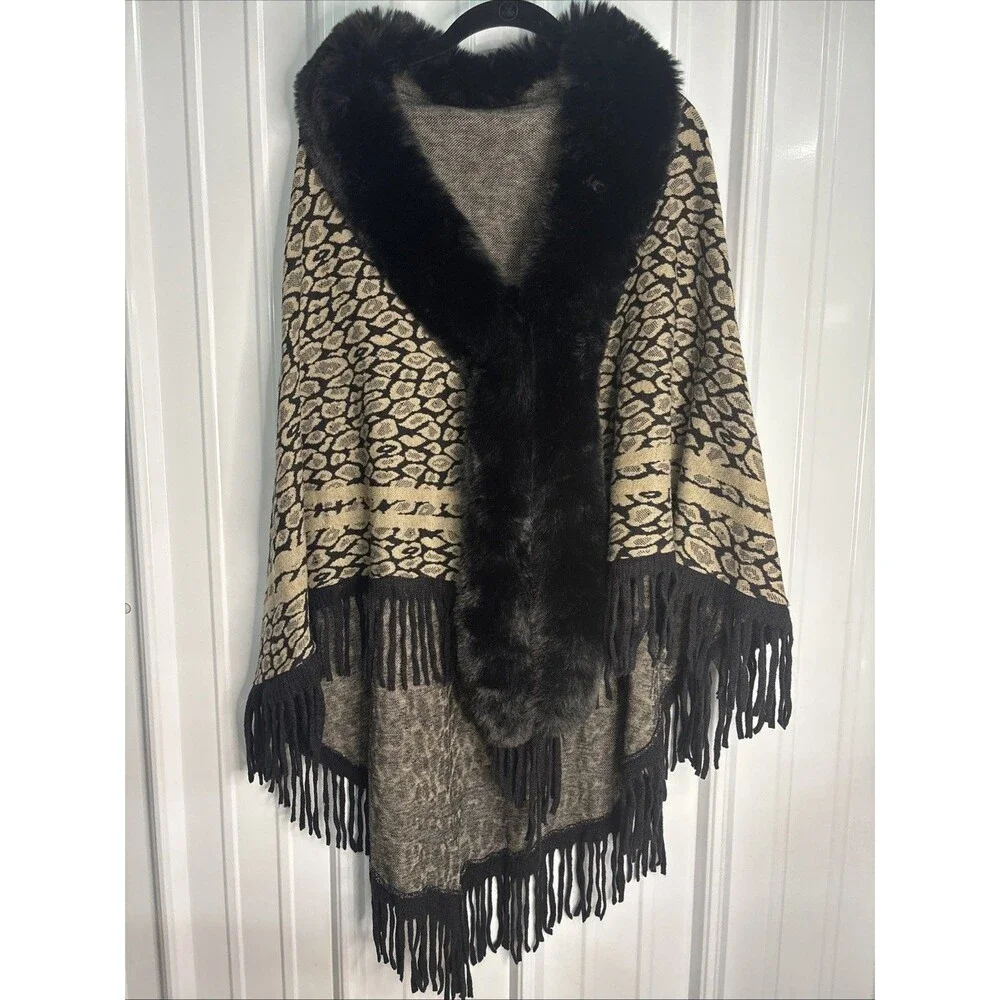 Leopard Print Faux Fur Shawl OSFM Black And Brown